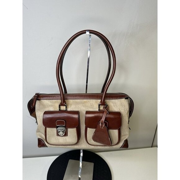 DOONEY & BOURKE Cream Signature Mono Canvas Brown Leather Double Pocket Satchel - Picture 1 of 11